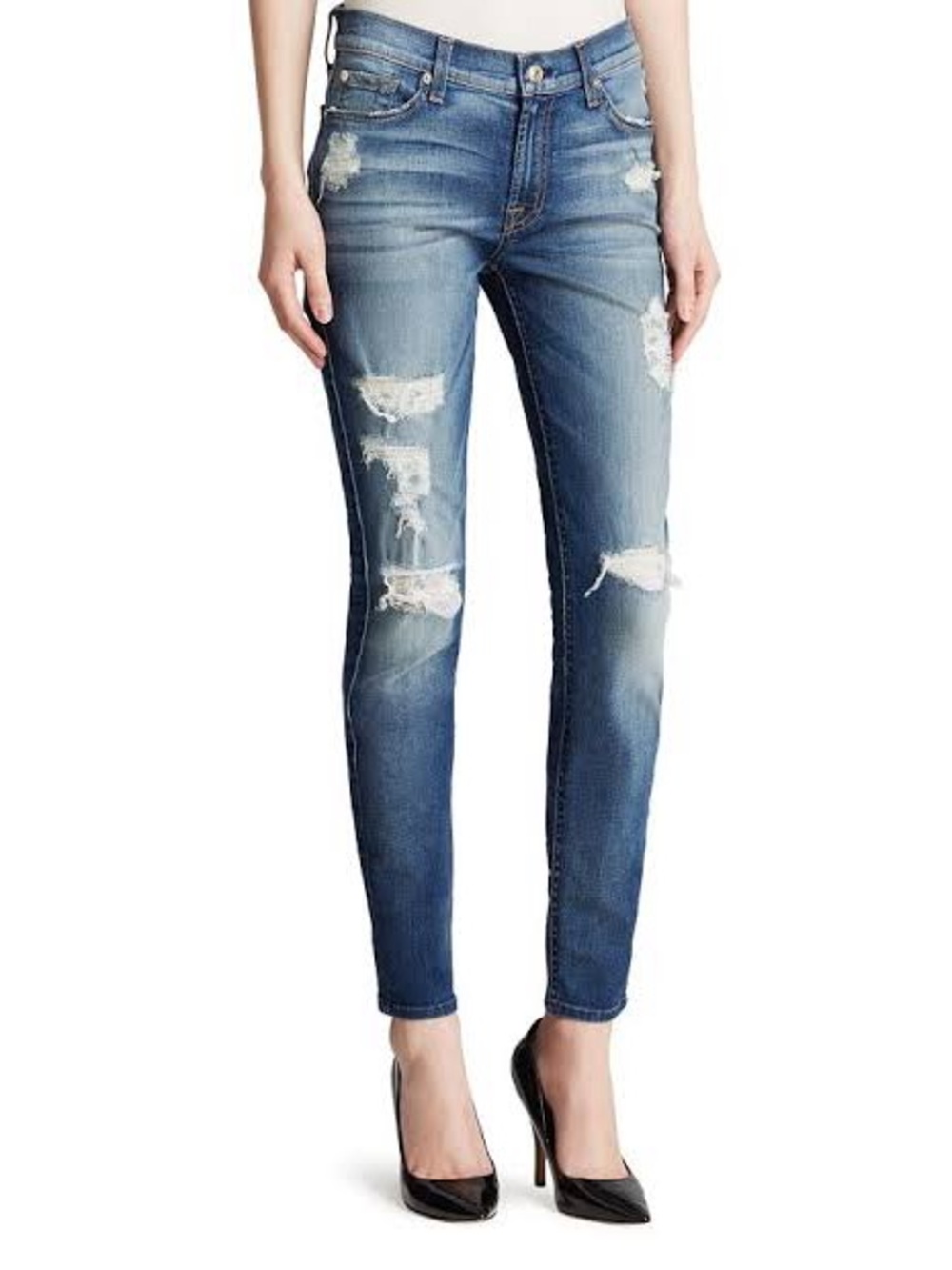 7 For All Mankind The Ankle Skinny Distressed Dark Blue Jeans